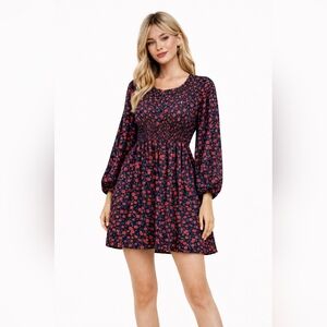 Brass & Roe Floral Button Front Dress Navy Red Medium